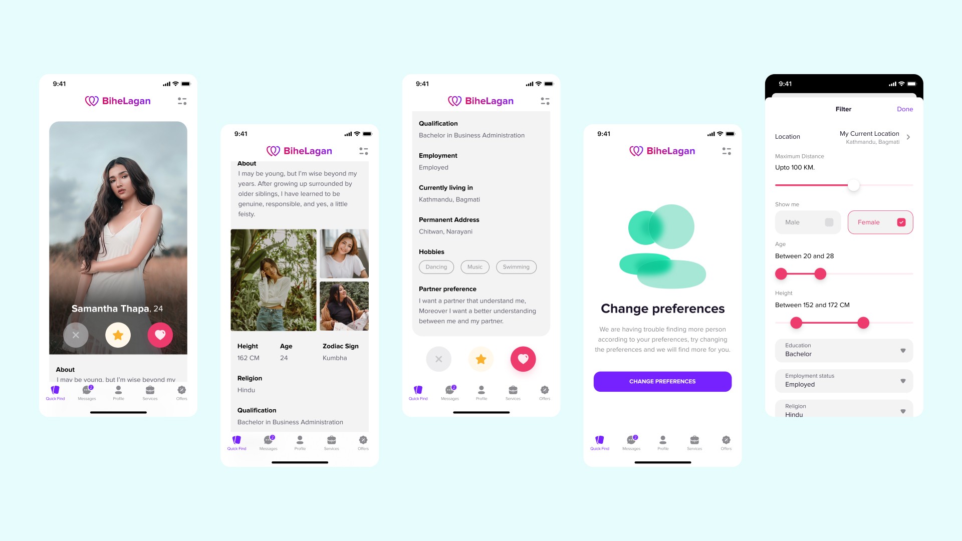 Bihelagan Mobile App quick find, filter, and swipe screen