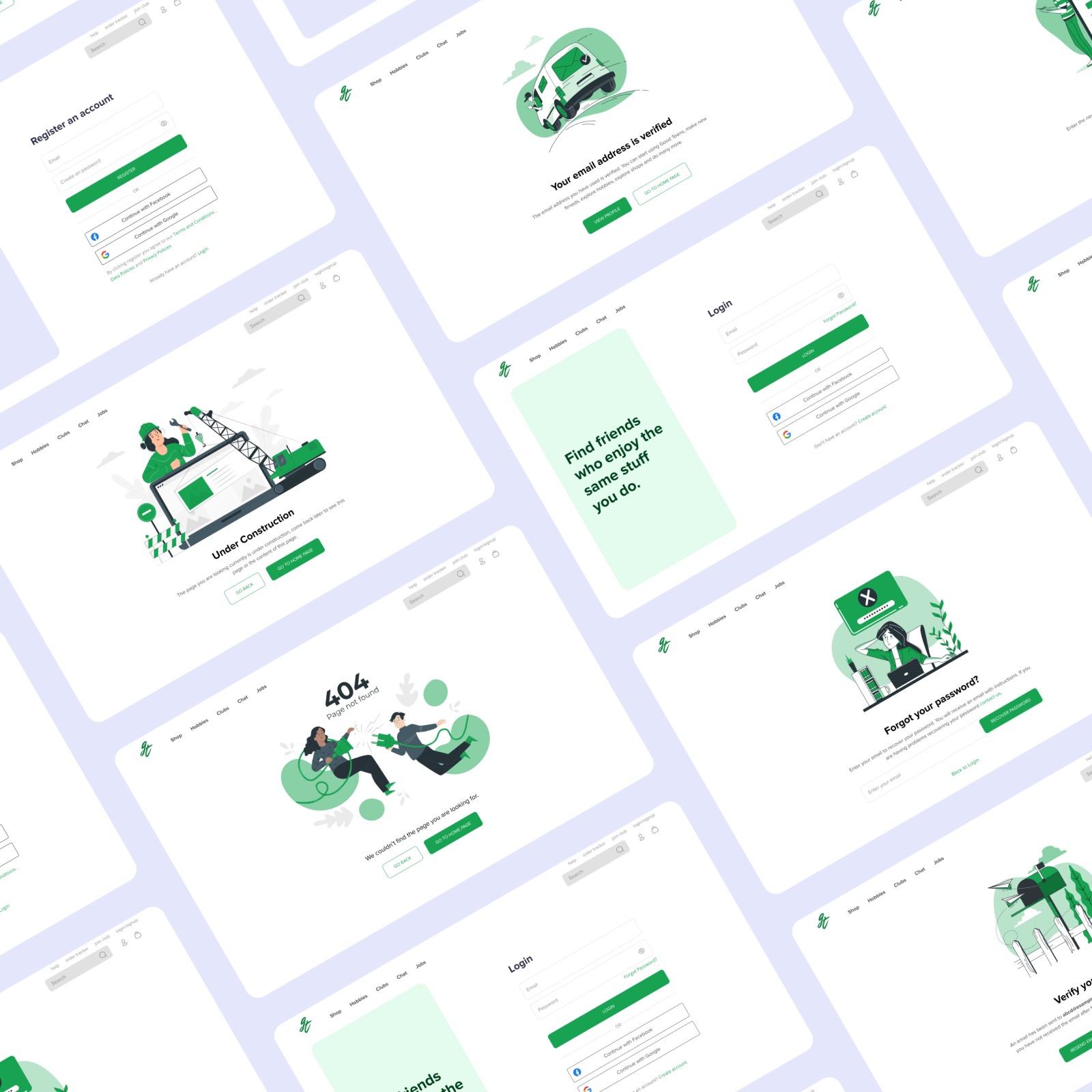Login, registration and empty state UI screens for goodteens