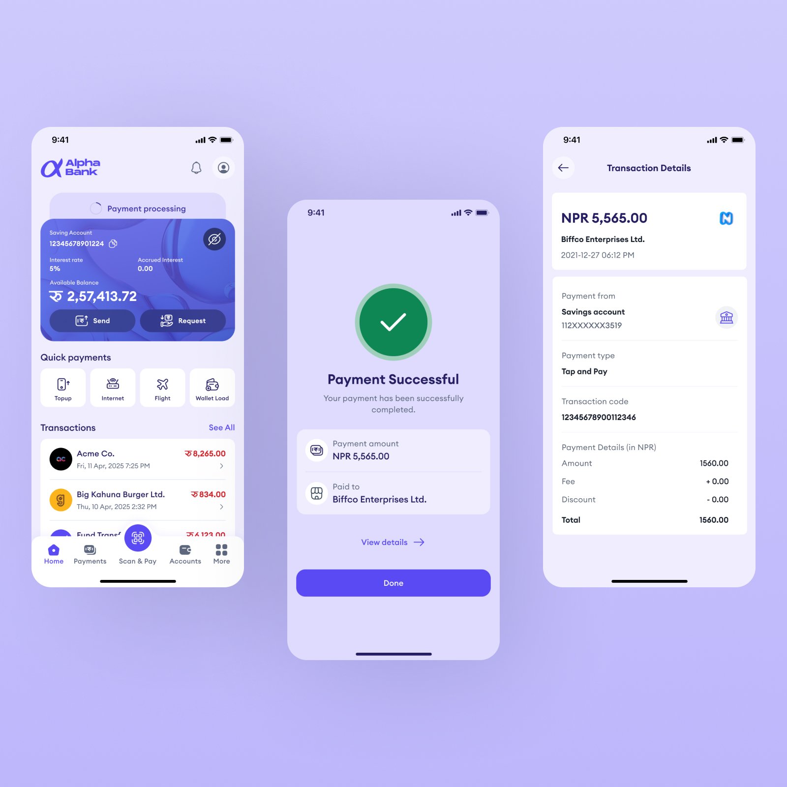 Tap and Pay payment flow from the home screen showing the active NFC bar, payment processing state, payment successful confirmation for NPR 5,565 paid to Biffco Enterprises Ltd, and the transaction details screen showing payment type as Tap and Pay.