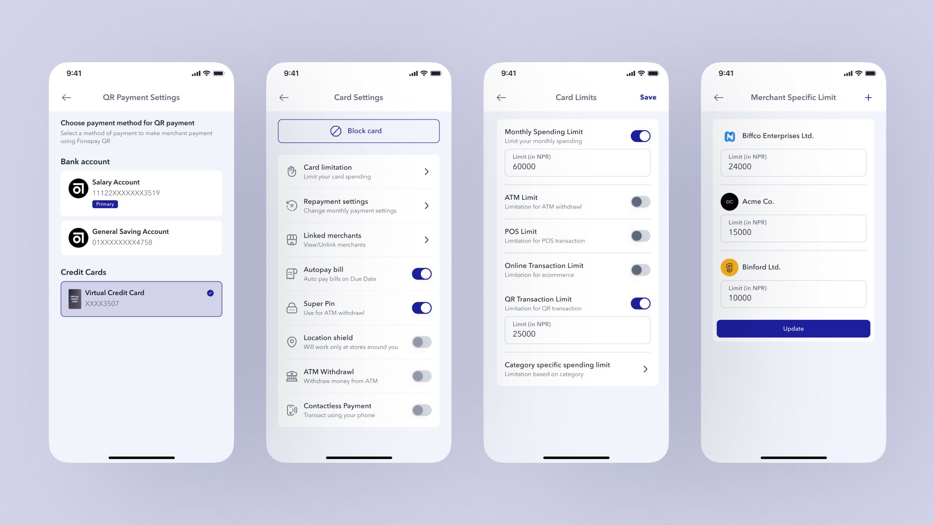 QR payment settings, card settings with toggle controls, card spending limits by category and channel, and merchant specific limit management