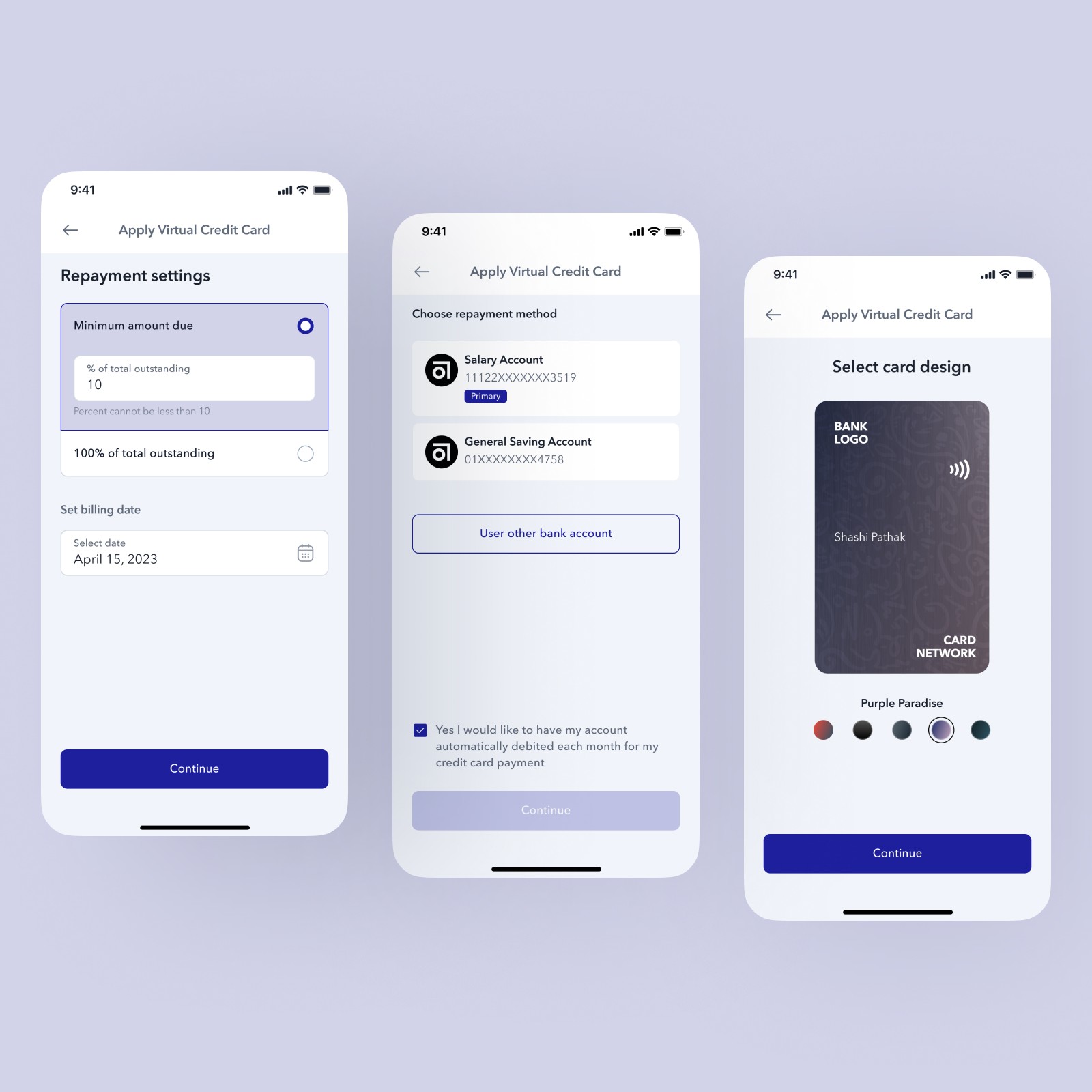 Virtual Credit Card Repayment and Card Selection Screen