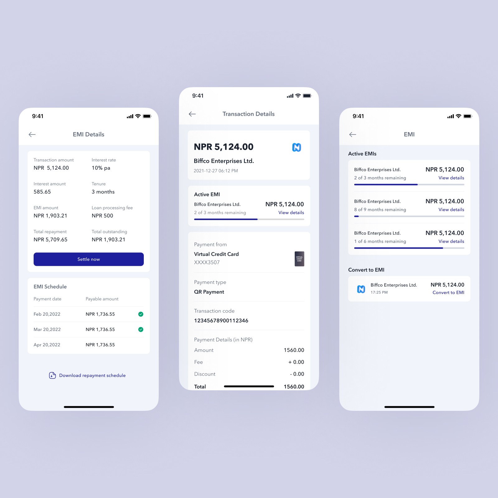 Virtual Credit Card EMI list and Details Screen