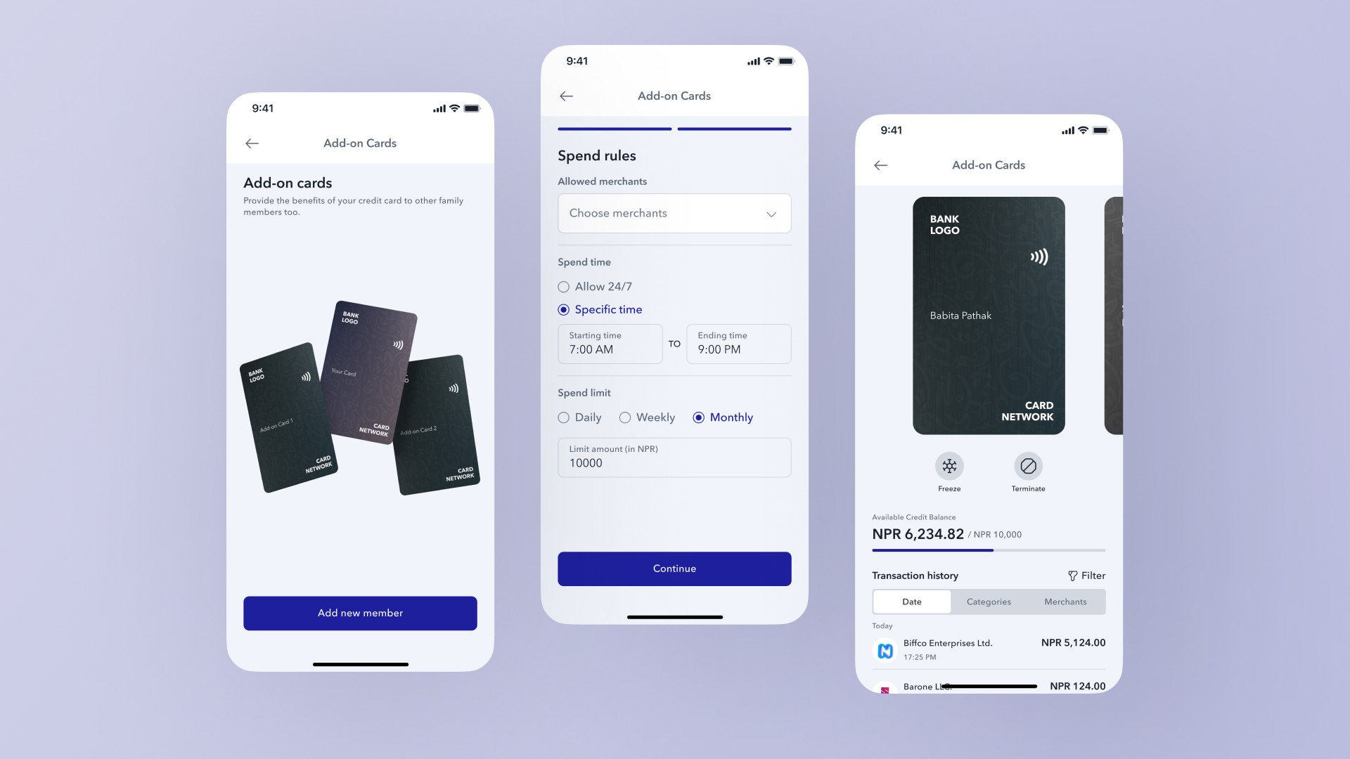 Virtual Credit Card Add-on Card Management Screen