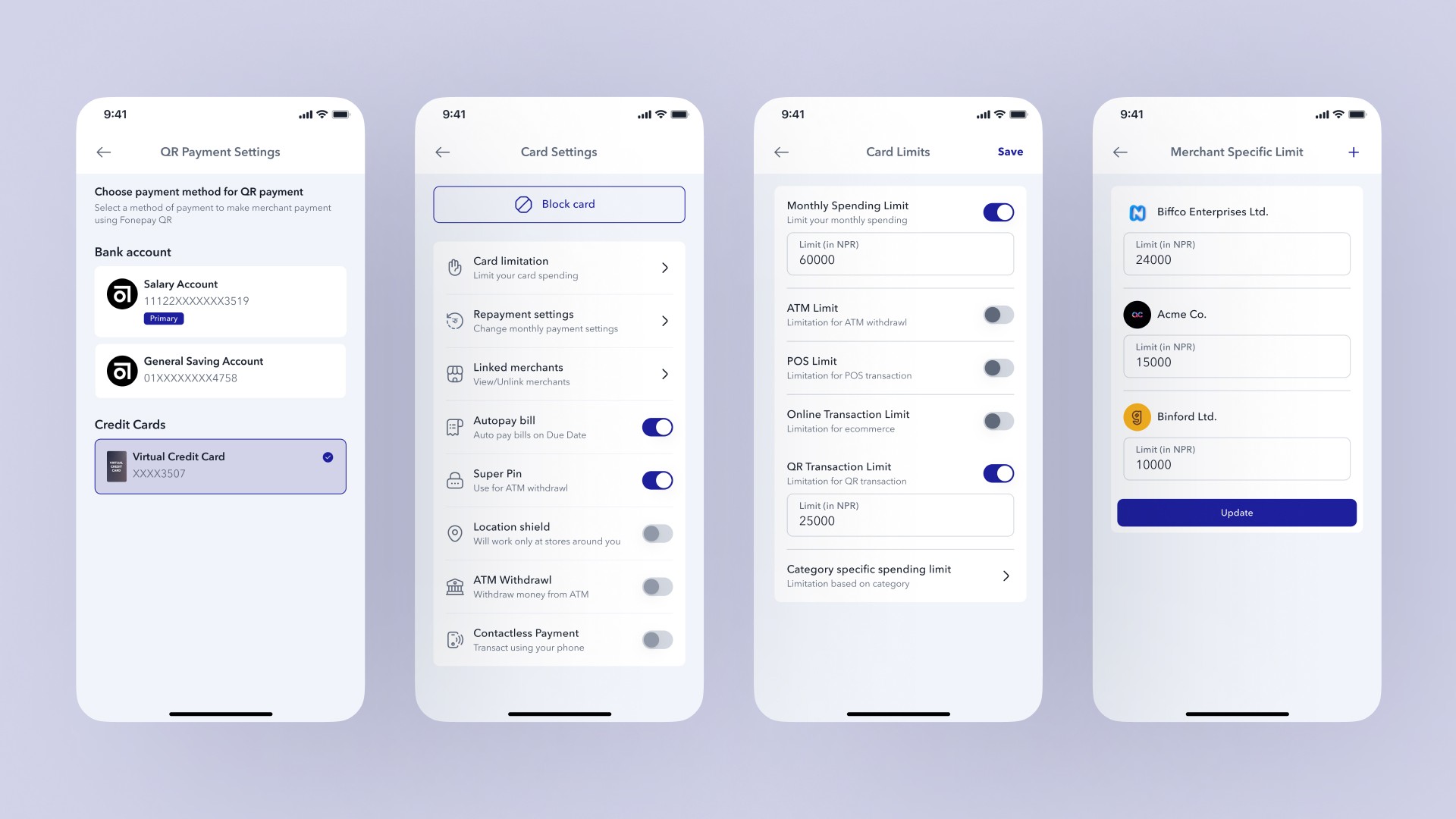 Virtual Credit Card Settings Screen